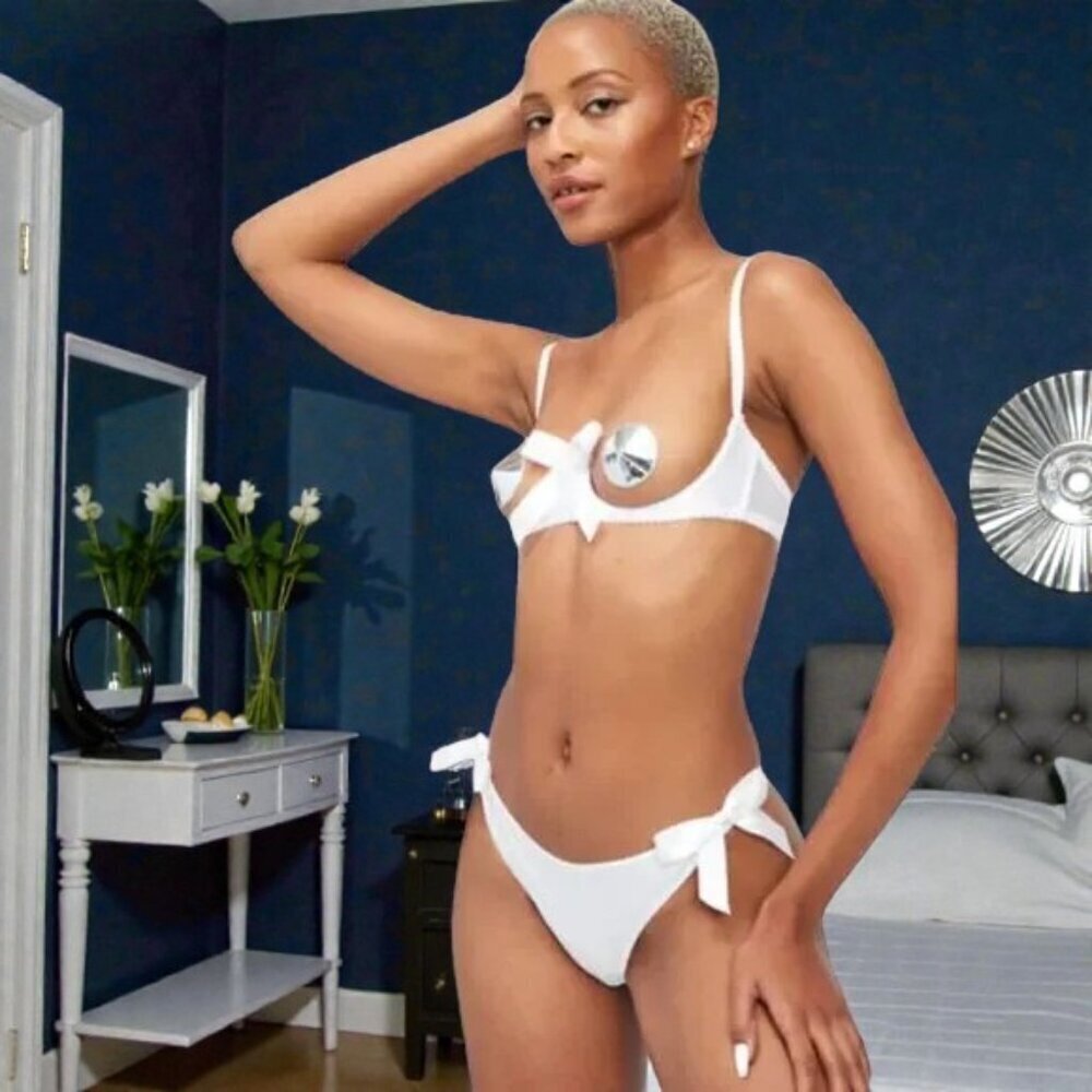 Diaz Satin & Bow Open Cup Underwire Bra Set NWT